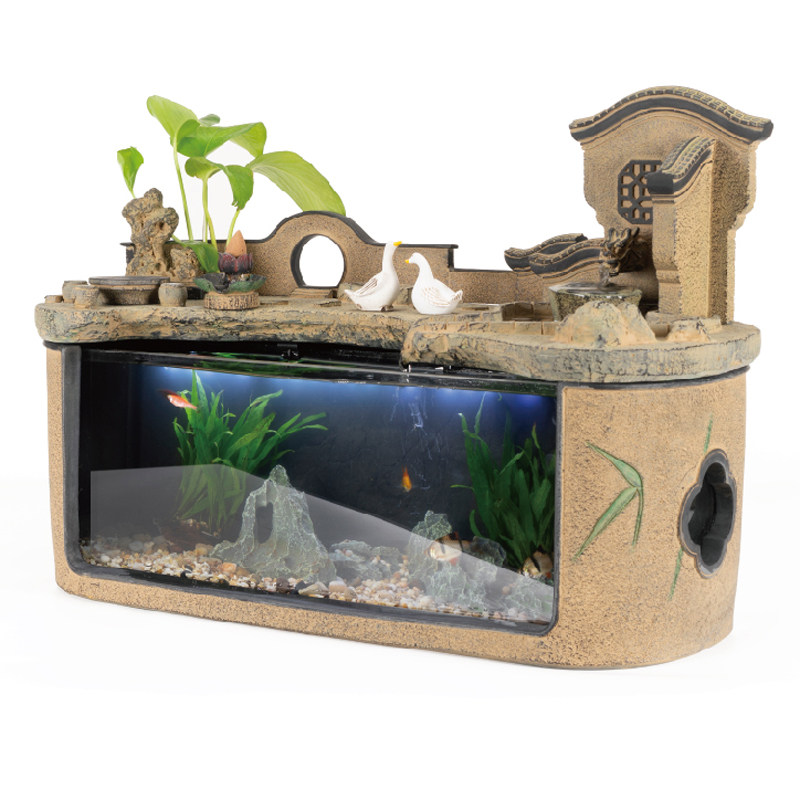 办公室鱼缸水族箱超白玻璃中式流水装饰摆件客厅循环水景创意造景