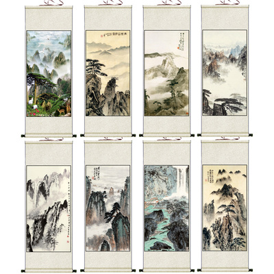 无水靠山国画丝绸卷轴画黄山归来寿平黄山字画礼品送客户书法