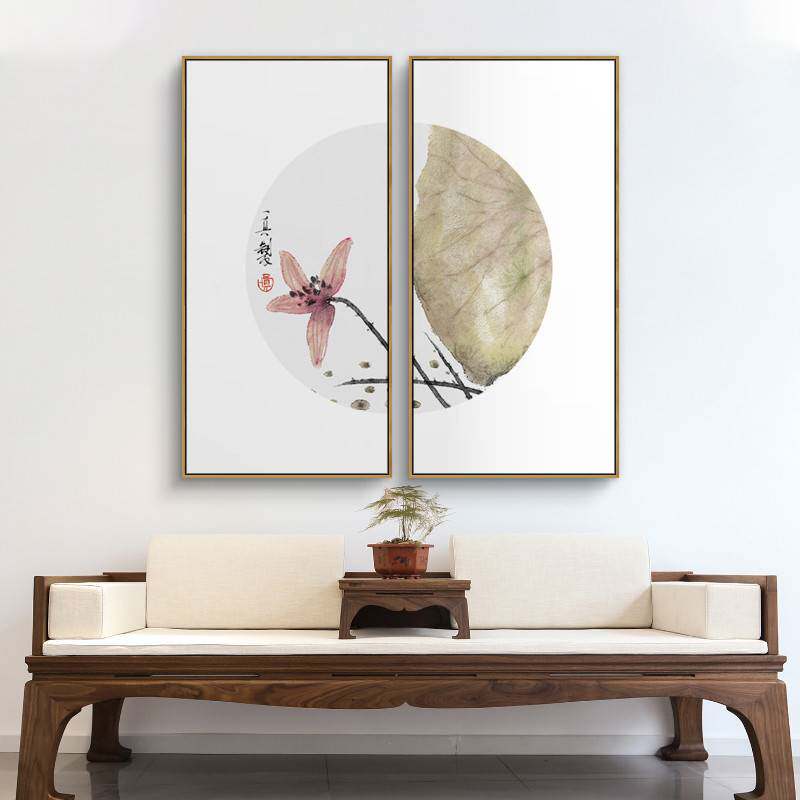 新中式客厅装饰画两联荷花餐厅背景画半圆组合玄关中国风书房挂画