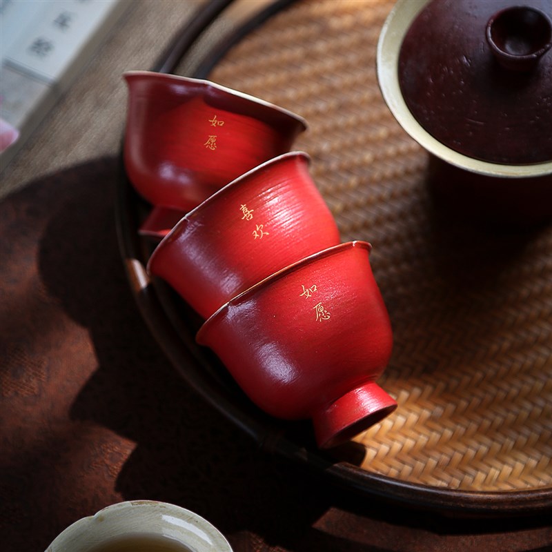 订制刻字红色主人杯手工粉引化妆土陶瓷杯子个性茶杯花口品茗杯女