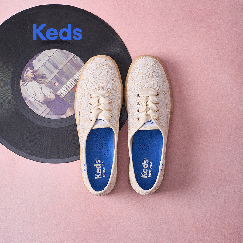 Keds2026新品蕾丝小白鞋刺绣帆布鞋女低帮休闲鞋丝带鞋带春夏款