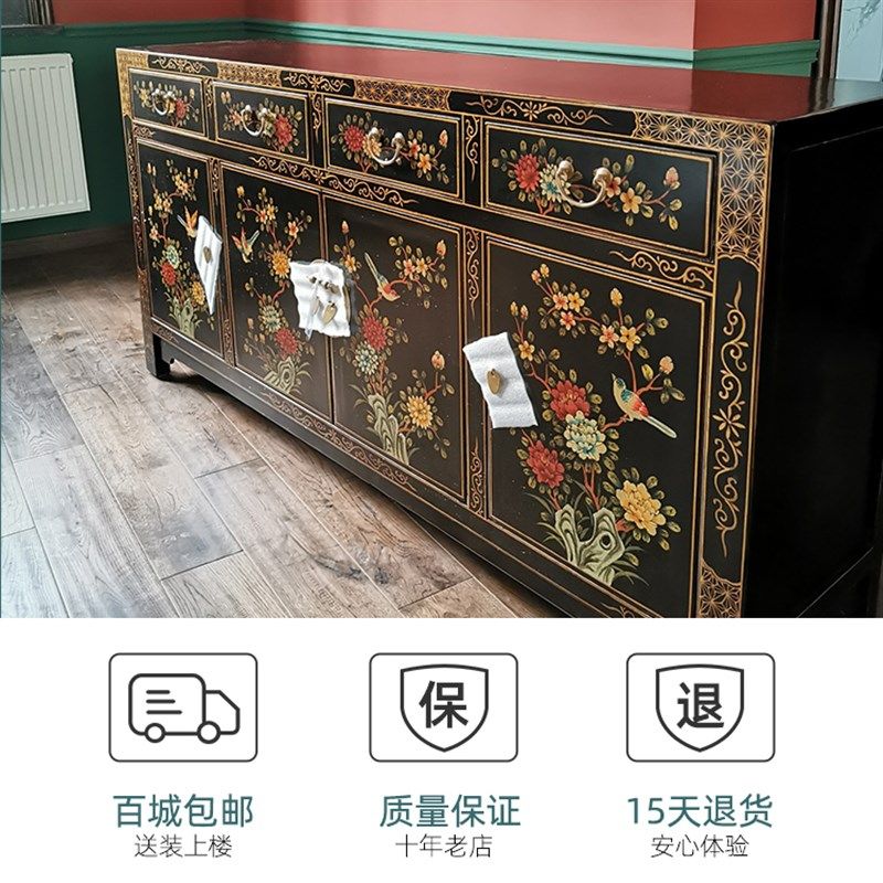 新中式家具彩绘餐边柜4门仿古实木玄关门厅装饰储物柜鞋柜酒水柜
