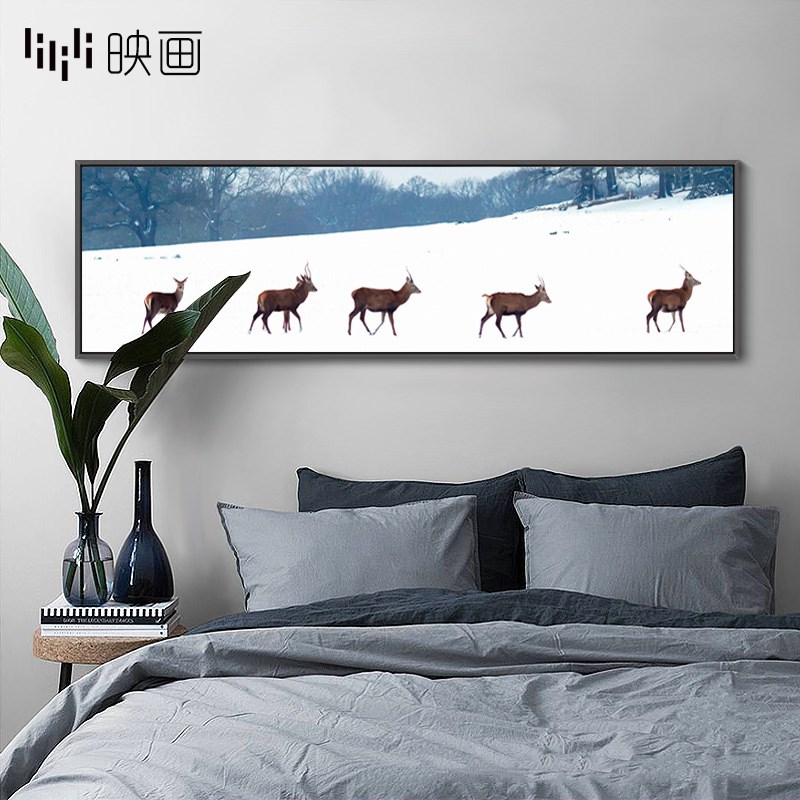 客厅横幅挂画沙发墙画北欧麋鹿装饰画床头壁画大气卧室卡通风景画