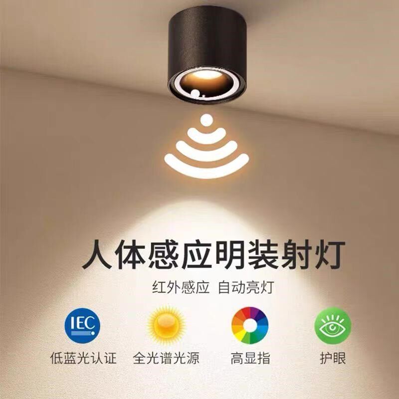 充电免接布线人体感应光感明装射灯入户门过道走廊灯楼道车库筒灯