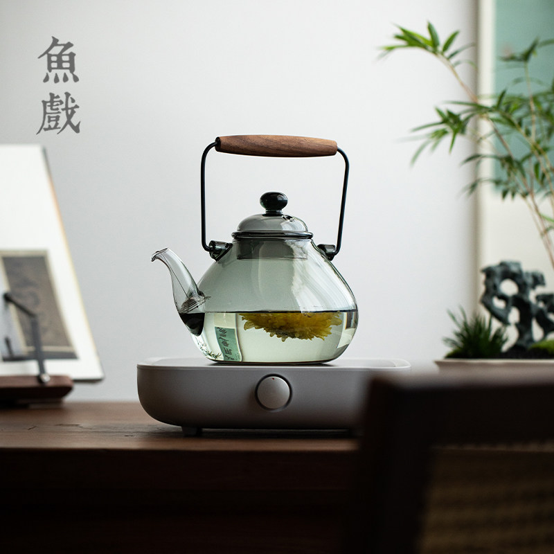 日式玻璃煮茶壶青莼灰色复古提梁烧水壶过滤大容量黑晶炉套装茶具
