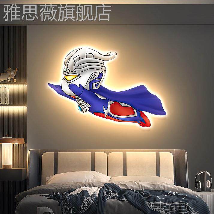 网红奥特卧男室装饰画孩儿童房间床头氛围曼感壁灯画卡通人物发光