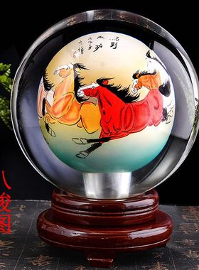 内画水晶球摆件牡丹花八骏图迎客松富贵鱼花开富贵五牛图中式家居