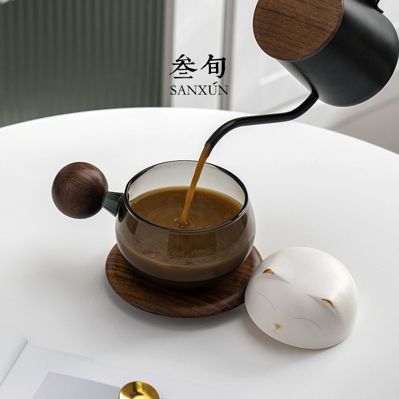 叁旬招财猫玻璃轻奢茶咖茶水分离泡茶杯一体杯办公室高档咖啡杯子