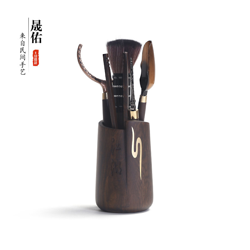 晟佑功夫茶具茶艺配件实木黑檀茶道六君子套装泡茶工具针刀夹子勺
