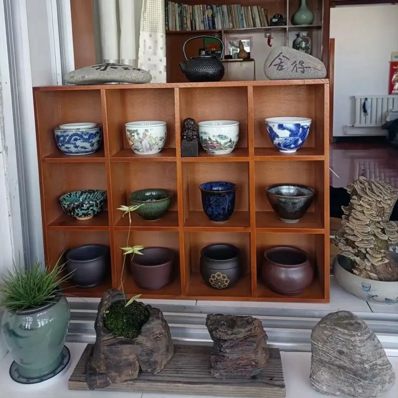 复古壁挂紫砂壶格子收纳架实木质十二格桌面收纳博古架茶具展示架