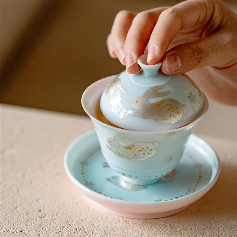 无落错金银彩玉兔二才盖碗高端玉泥色釉陶瓷薄胎不烫手泡茶碗茶具