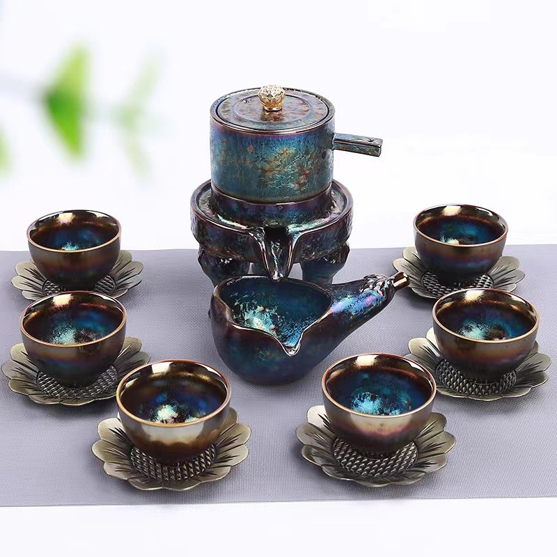 高档懒人自动功夫茶具套装半自动旋转出水石磨礼品茶具七彩