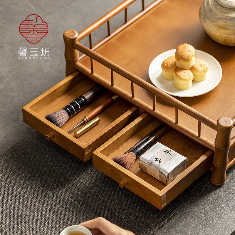 中式茶点盘茶桌置物架抽屉茶具收纳架茶室高档架子复古茶盘竹托盘