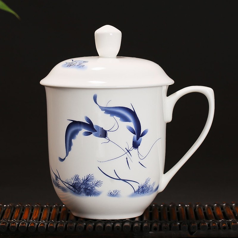 景德镇陶瓷超大号茶杯 带盖青花瓷礼品大水杯 骨瓷办公室老板杯子