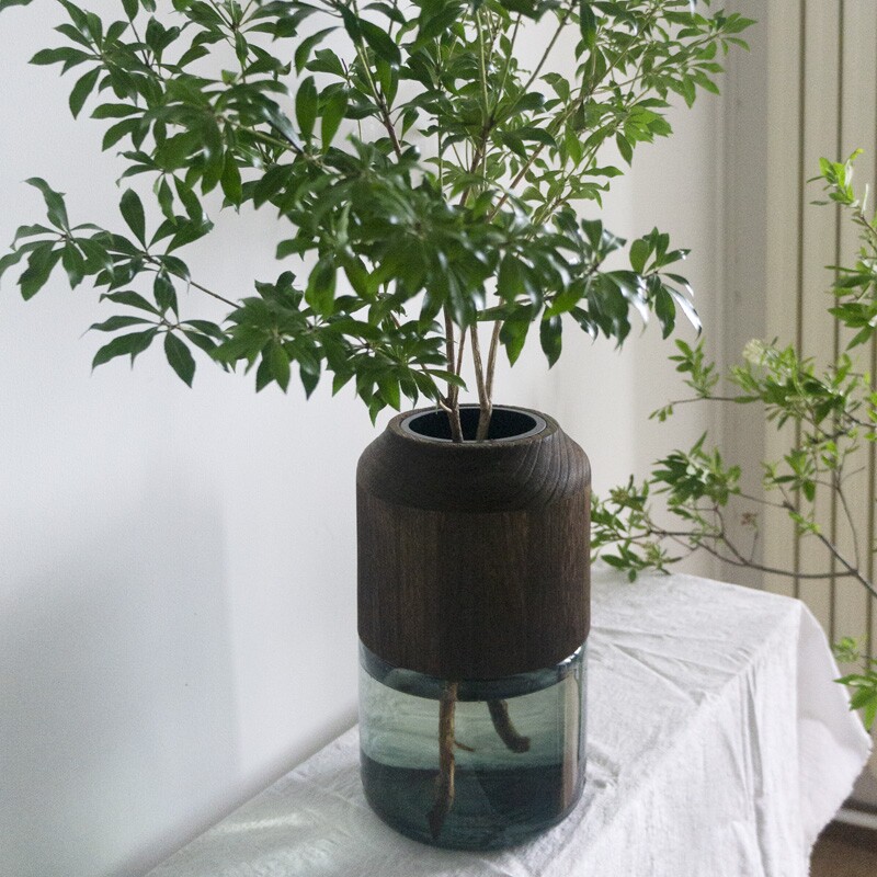 北欧可拆卸实原木手工制作浅绿色玻璃花瓶透明家居干花房间插花器