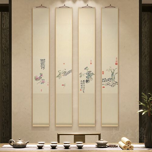 禅意花鸟新中式卷轴挂画竖版书房装饰画餐厅茶室壁画走廊过道墙画