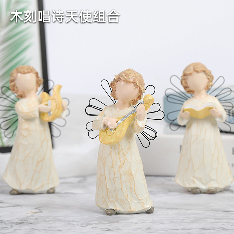 雕刻手绘人偶唱诗班小天使摆件室内家居创意礼物铁翅膀装饰品