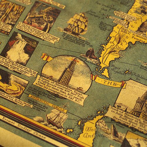 1939世界奇迹建筑地图海报 奇观地标遗迹景点旅游指南复古装饰画