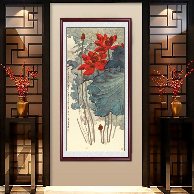 水墨风金线荷花新中式入户玄关装饰画古典过道走廊墙壁画竖版挂画