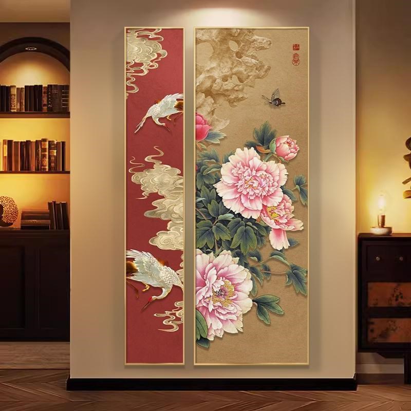 新中式入户玄关装饰画荷花高端大气走廊过道挂画锦鲤图组合二联画
