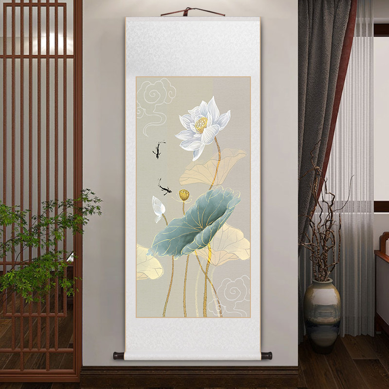 荷韵国画玄关画新中式客厅装饰画荷花图装裱卷轴字画禅意茶室挂画