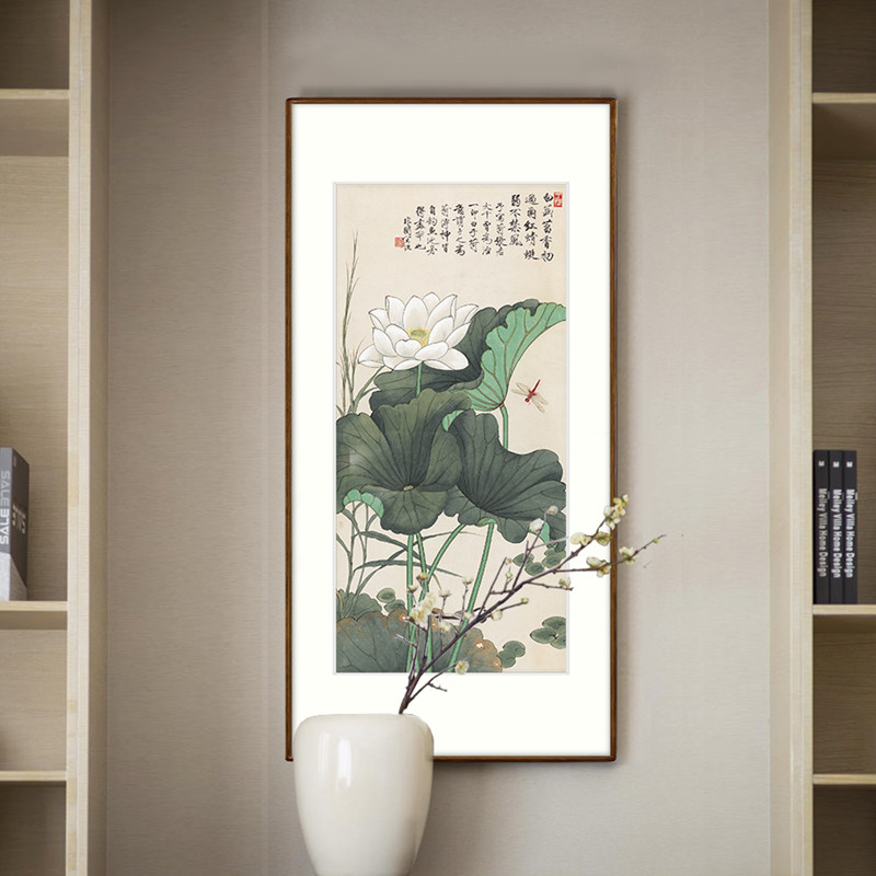 【十年老店】荷花玄关装饰画新中式走廊挂画荷塘蜻蜓翠鸟图