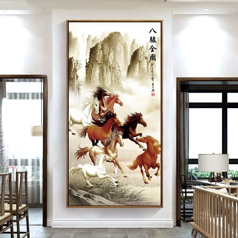 八骏图客厅玄关装饰画竖版马到成功国画万马奔腾画入户八马图定做