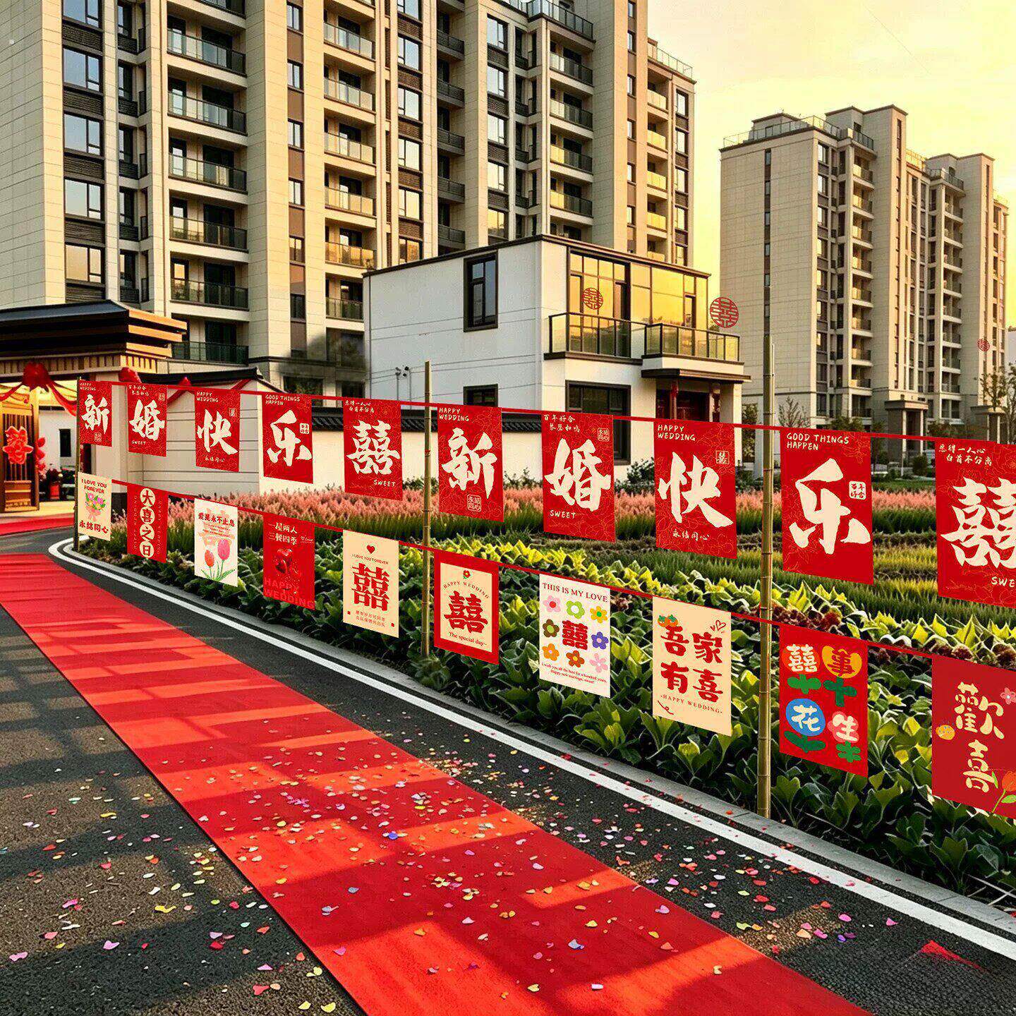 结婚路引农村路边场景布置装饰彩旗迎宾农村院子外景婚礼婚房用品
