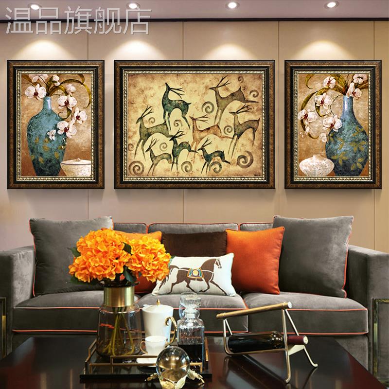 新款美式客厅装饰画欧式壁画沙发背景墙三联画复古墙画发财树油画