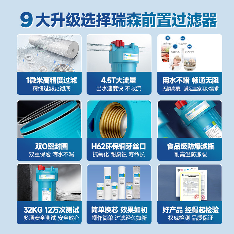 瑞森大白瓶大蓝瓶前置过滤器家用全屋过滤自来水胖瓶大通量净水器