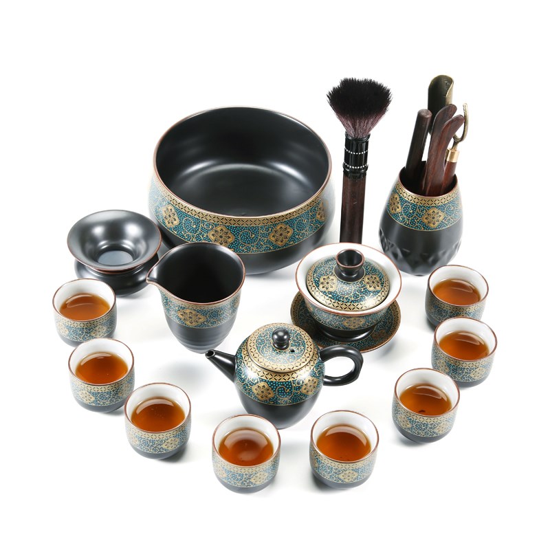 晟窑功夫茶具陶瓷茶壶鎏金盖碗茶壶茶杯中式老段泥家用茶具套装