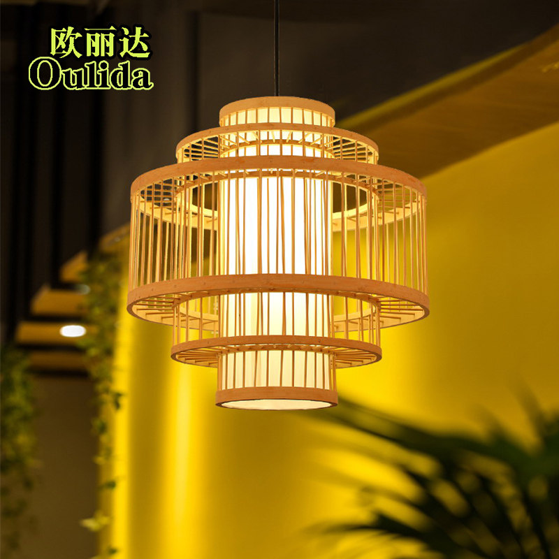 中式餐厅竹艺吊灯个性竹编饭店茶楼民宿火锅店灯具鸟笼灯笼吊灯