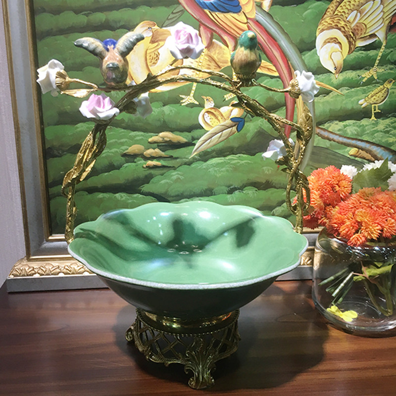 美饰家居陶瓷配铜小鸟提篮果盘 客厅茶几美式家居高端工艺品摆件