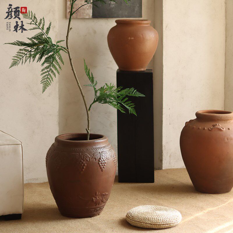 大肚圆坛陶罐复古落地陶器手工粗陶大罐子民宿装饰摆件侘寂风陶罐