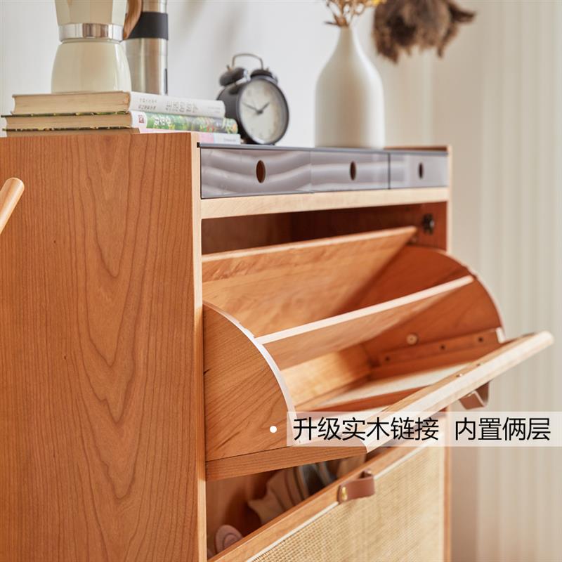 日式复古樱桃木鞋柜家用实木藤编玄关柜翻盖式三门玄关鞋柜