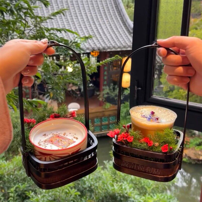 复古竹编手提漆器食盒多层茶点盒双层串丝带盖茶具收纳花篮提篮