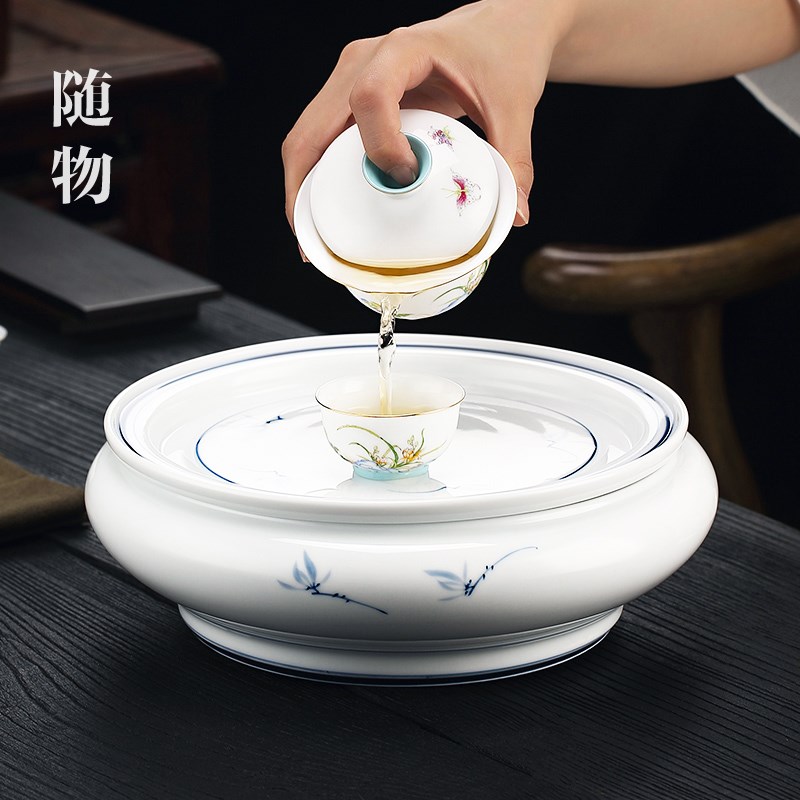 青花瓷茶盘陶瓷潮州储水式茶船干泡茶台功夫茶具白瓷茶海茶托小型