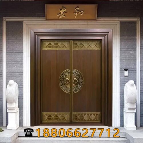 别墅大门铜门双开门乡村庭院门农村自建房大门不锈钢铜门进户门