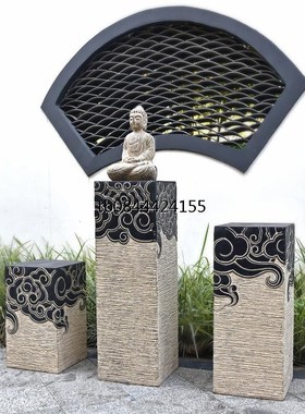 青石仿古底座祥云展示柱落地摆件人造石柱中式庭院造景室内外禅意
