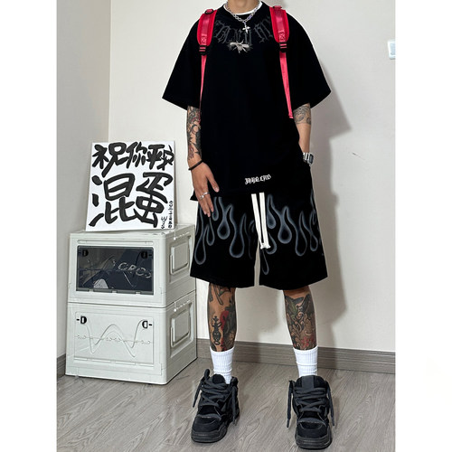 大码300斤短裤男夏季美式高街复古运动裤子火焰潮牌休闲五分卫裤2