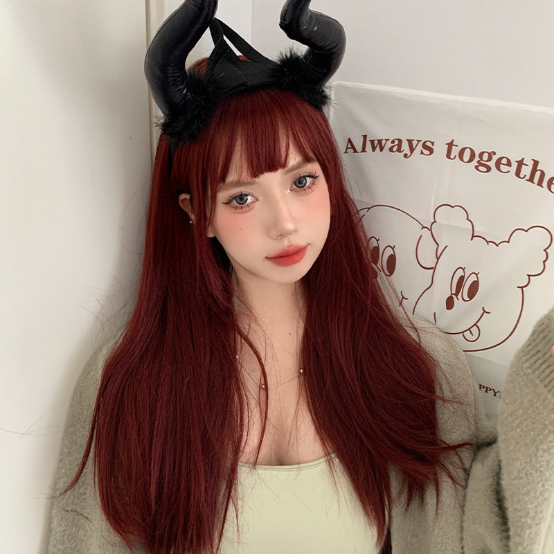 平角熊假发女长直发日常红色网红lolita新款圣诞自然逼真jk全头套