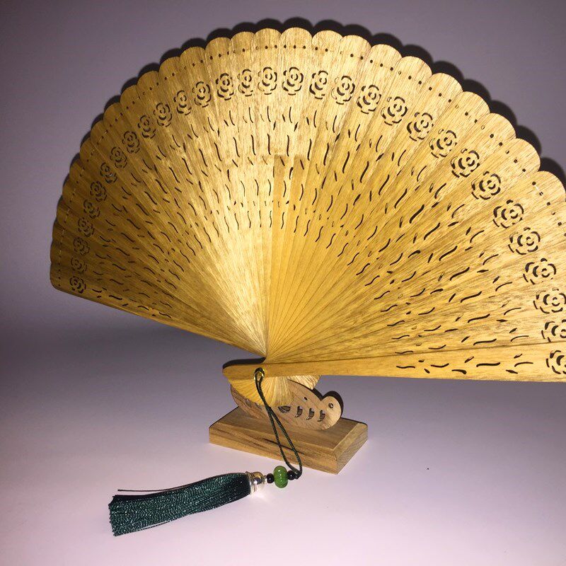 玫瑰花款金丝楠苏扇小叶桢楠水波纹扇子枯木老料镂空实木工艺摆件
