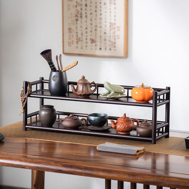茶架子中式双层茶具杯壶收纳小罐茶叶摆放工艺品展示桌面竹博古架