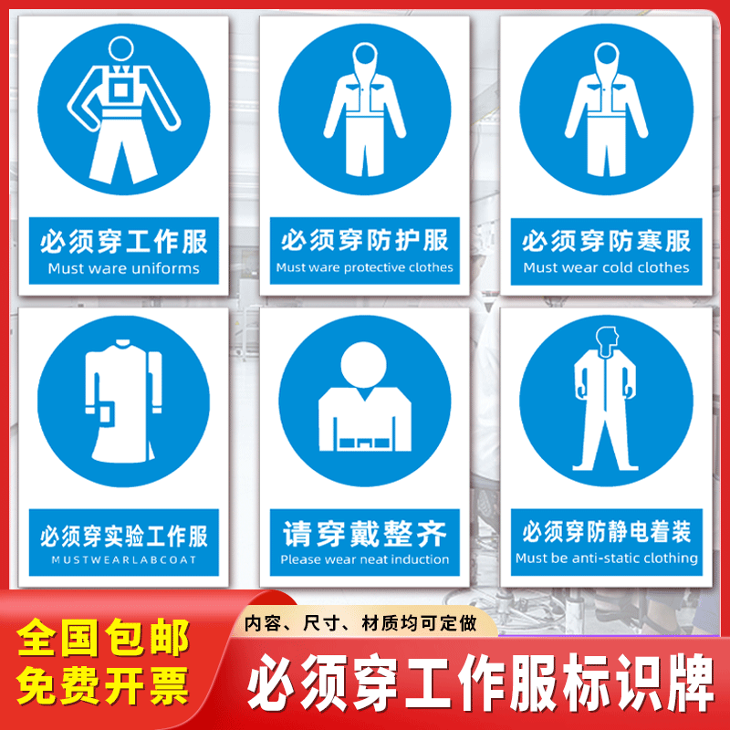 必须穿工作服标识牌工厂车间必须穿防静电防寒服防护服提示牌定制图片
