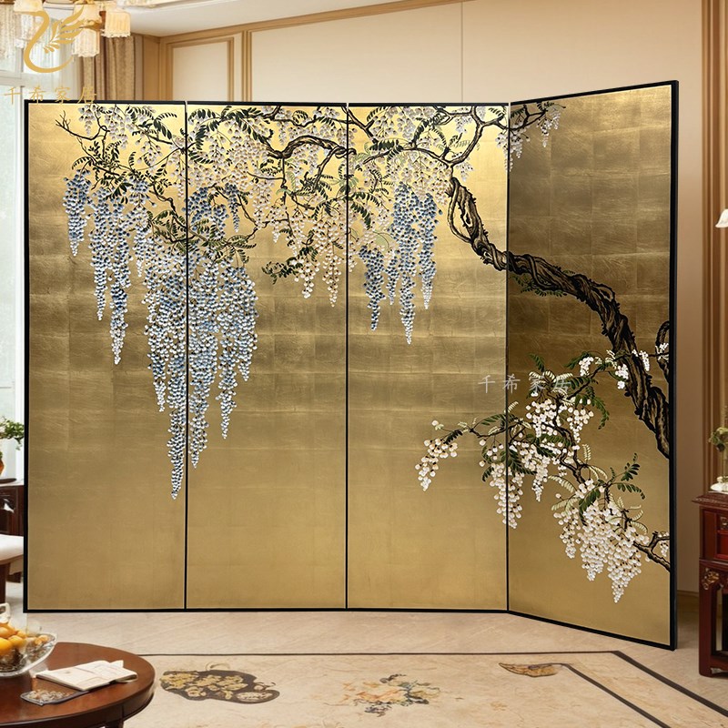 法式中国风手绘紫藤花漆画金箔屏风中古风高端茶室客厅沙发背景画