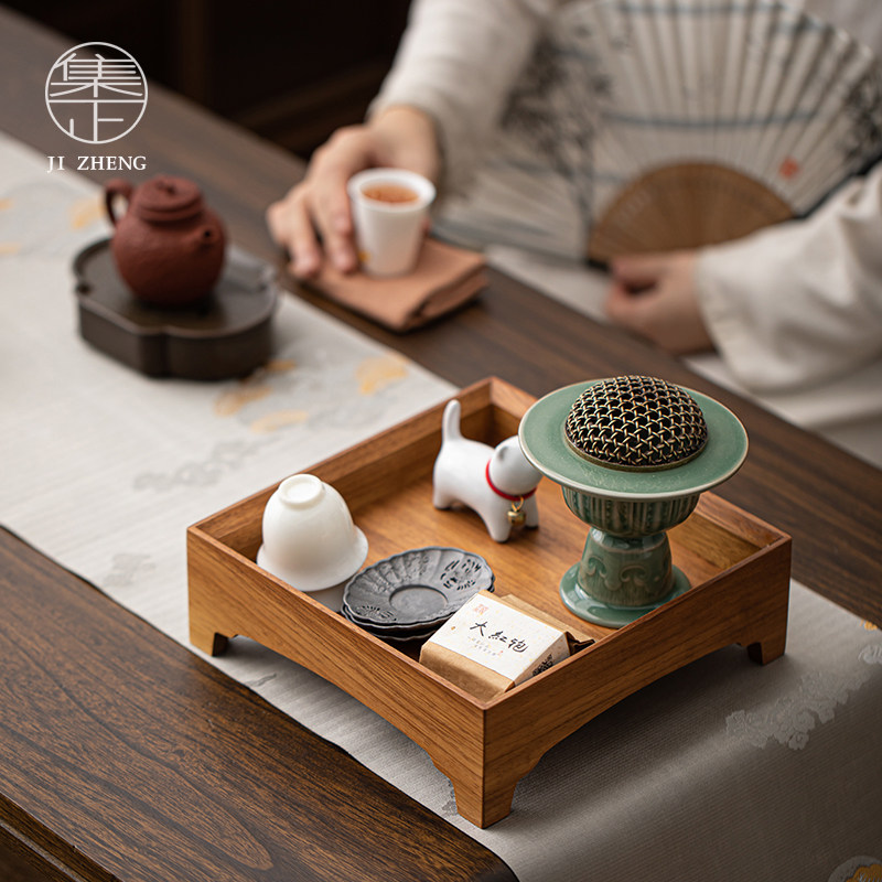 集正 胡桃木海棠方盘 茶室桌面茶杯摆件收纳盘 日式家用柚木托盘