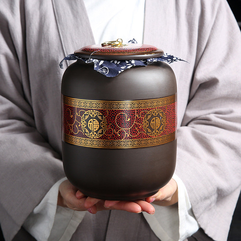 中式复古紫砂茶叶罐布袋礼盒包装大码红茶普洱储存密封藏茶罐家用
