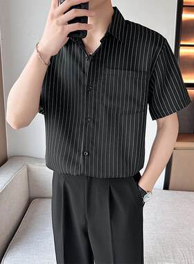 夏季冰丝短袖衬衫男条纹薄款速干黑色夏天寸衫外套高级感休闲上衣