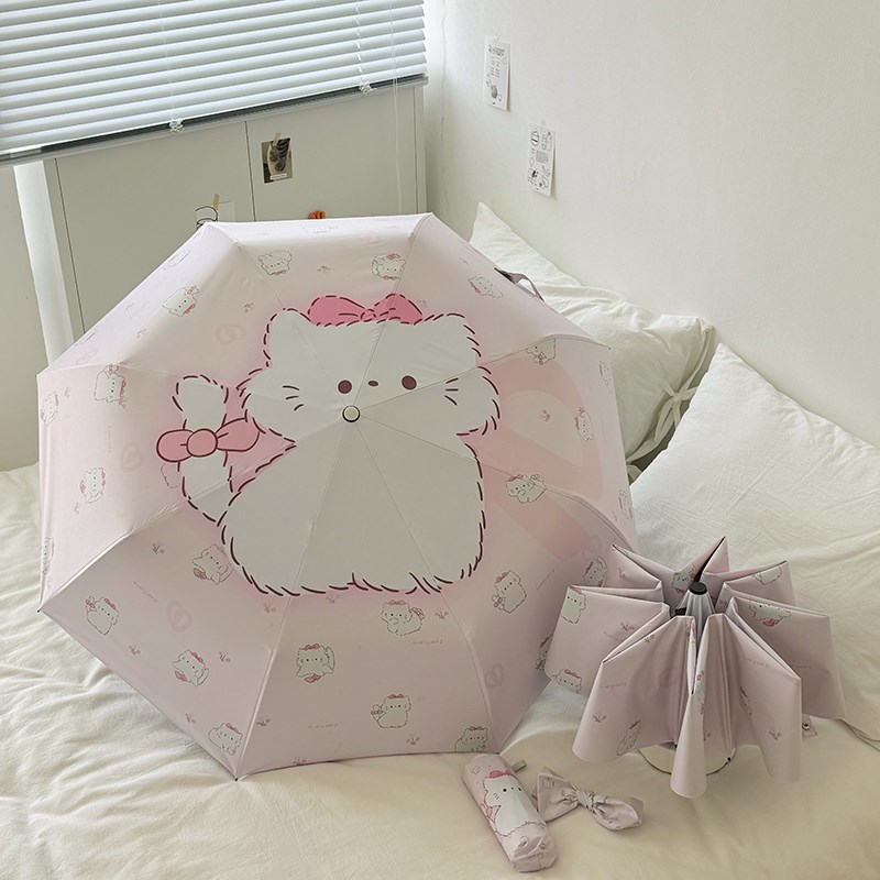 可爱粉系猫咪自动雨伞女晴雨两用黑胶防晒太阳伞手动便携伞遮阳伞图片