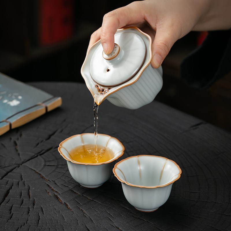 汝窑花形快客杯一壶两杯便携式旅行茶具手抓壶露营装备一人饮户外